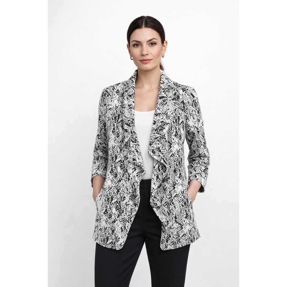 Calvin Klein Black White Textured Open Front Jacket Size 8 Chic Modern